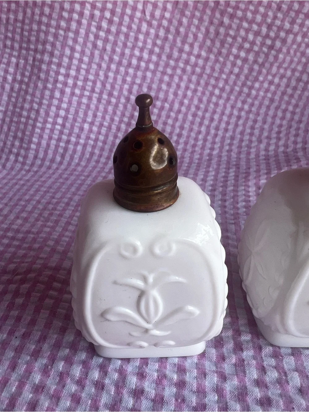 Milk Glass Salt and Pepper Shaker Set with Brass Tops